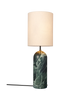 Gubi Gravity XL floor lamp with emerald marble base and black canvas shade, modern lighting fixture for contemporary interiors.