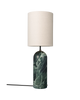 Gubi Gravity XL floor lamp with emerald marble base and off-white canvas shade, modern lighting fixture for stylish interiors