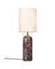 Gubi Gravity XL floor lamp with maroon marble base and white shade, modern lighting fixture with sleek design.