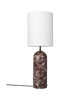 Gubi Gravity XL floor lamp with maroon marble base and white off shade, modern lighting fixture for contemporary interior decor