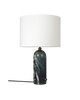 Gubi Gravity Table Lamp with emerald marble base and white off shade, modern lighting fixture with sleek design.