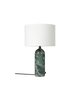 Gubi Gravity table lamp with emerald marble base and white shade, modern lighting fixture for stylish home decor
