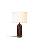 Gubi Gravity Table Lamp with maroon marble base and white shade, modern lighting fixture for stylish indoor decor