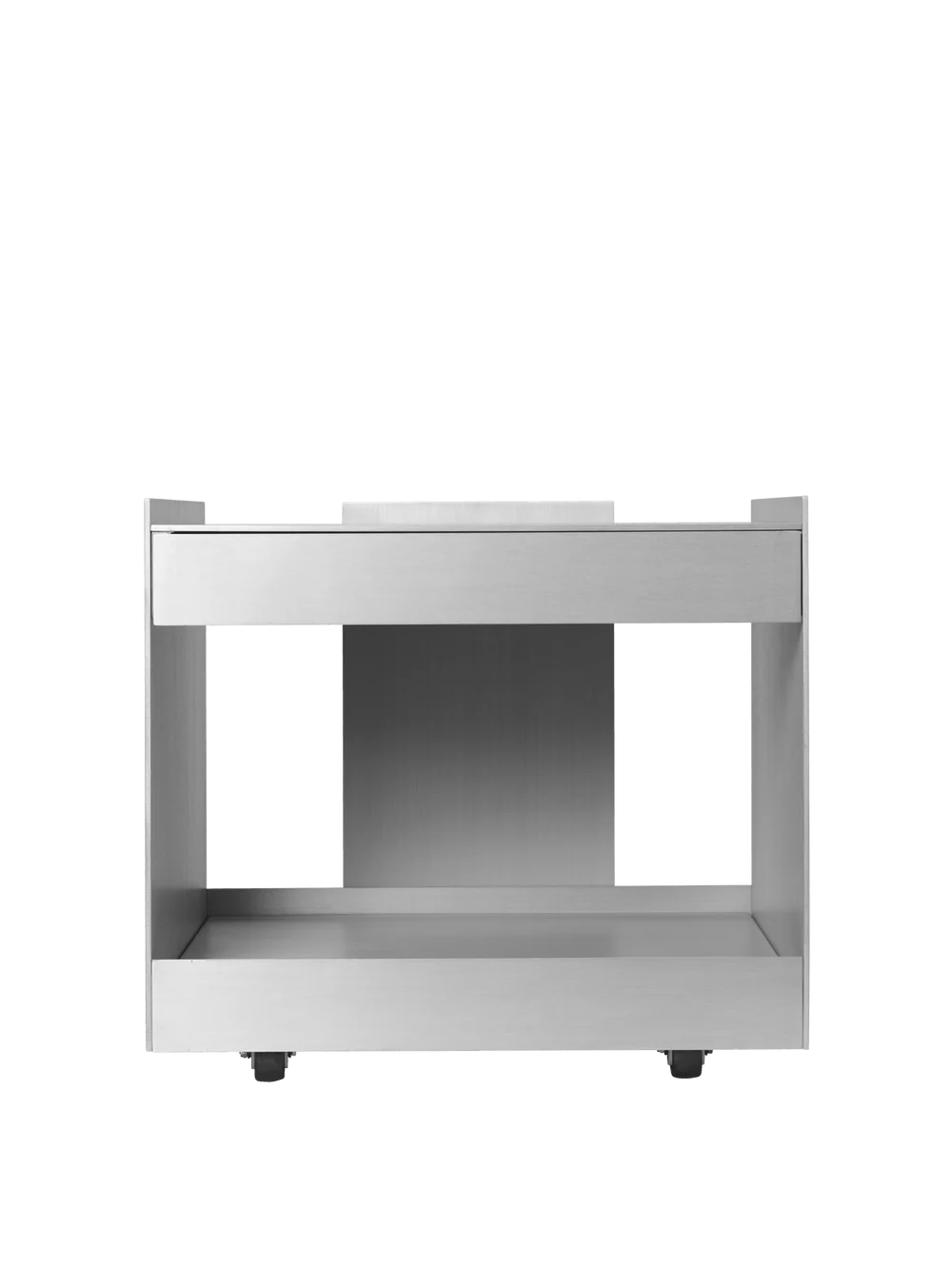 Ferm Living Lager Low Trolley with drawer, modern storage unit in natural wood finish with black metal legs and a pull-out drawer.