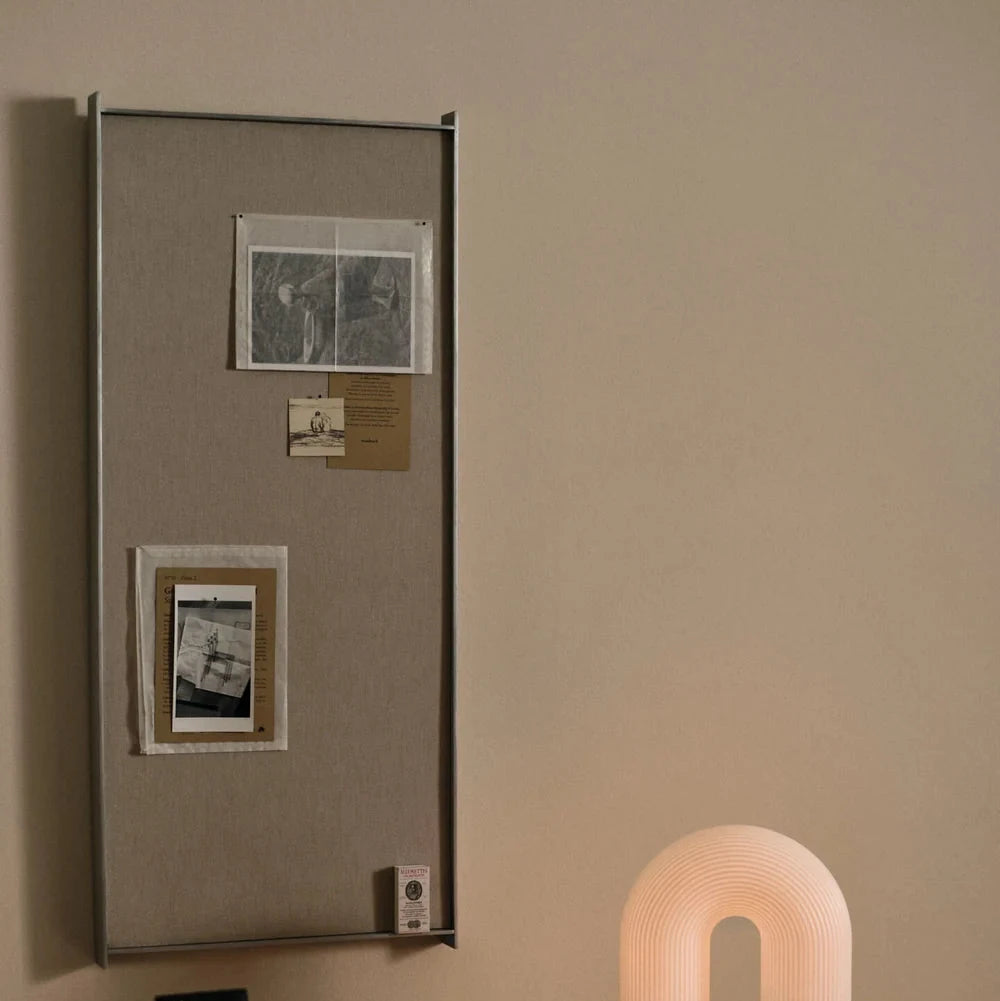 Ferm Living Lager Pinboard narrow accessory with wooden frame and cork surface for pinning notes and photos.