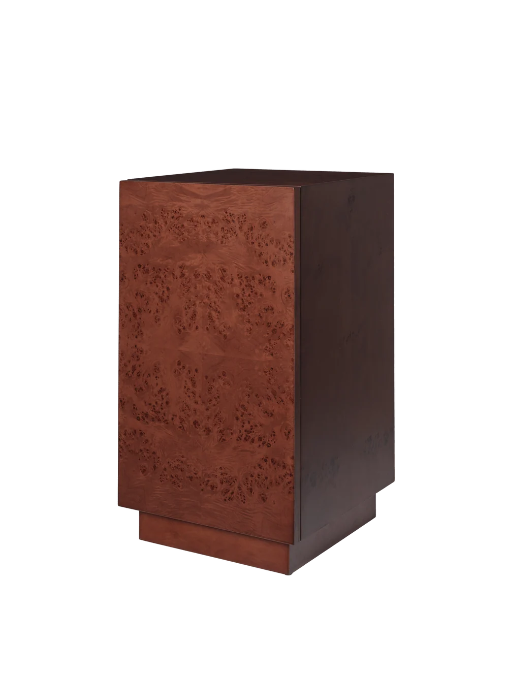 Ferm Living Burl side table with a smooth wooden surface and curved design, featuring natural wood grain and modern minimalist style.