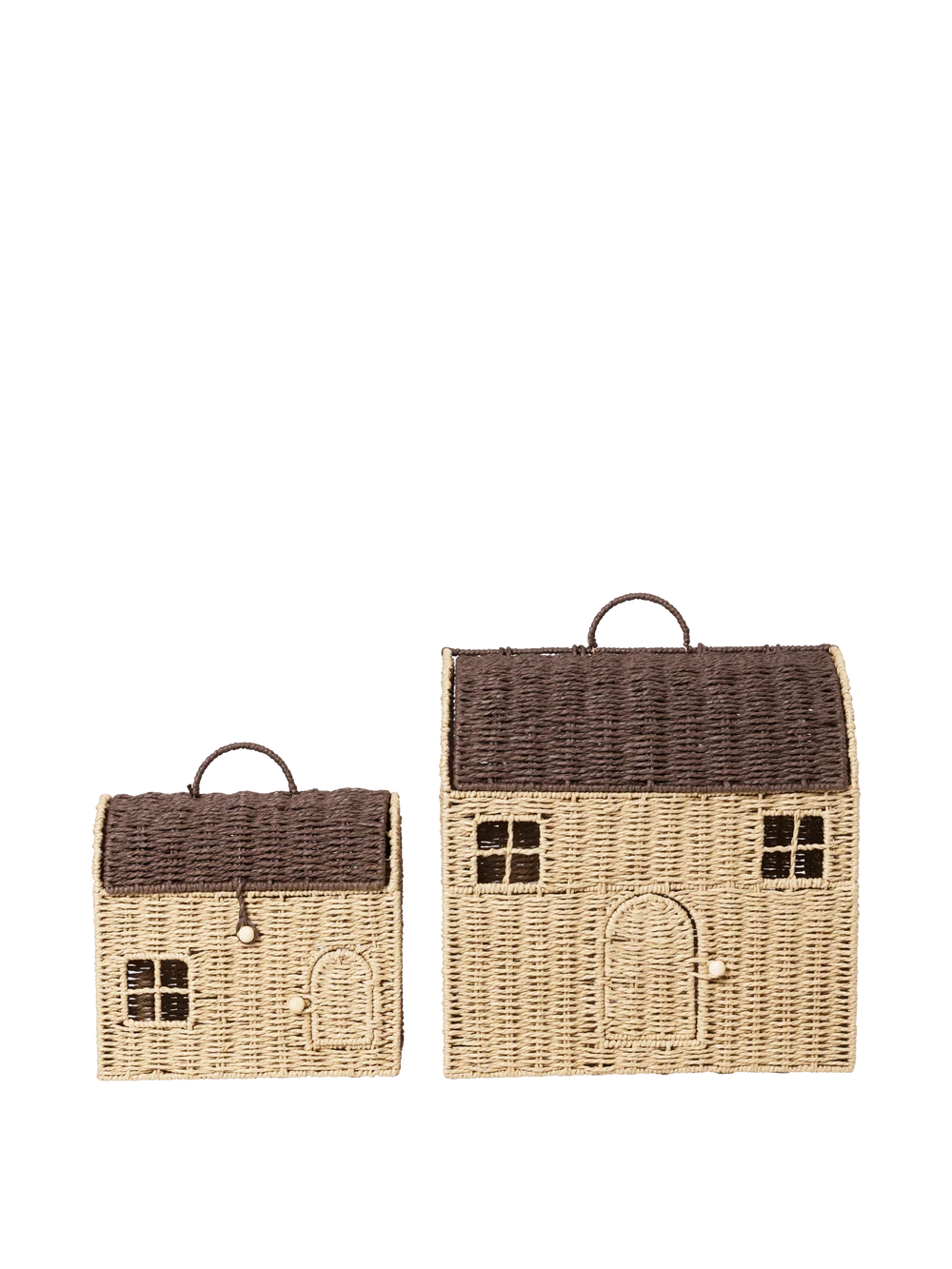 Ferm Living Casu Storage Houses set of 2 for kids, colorful fabric storage bins with playful house designs.