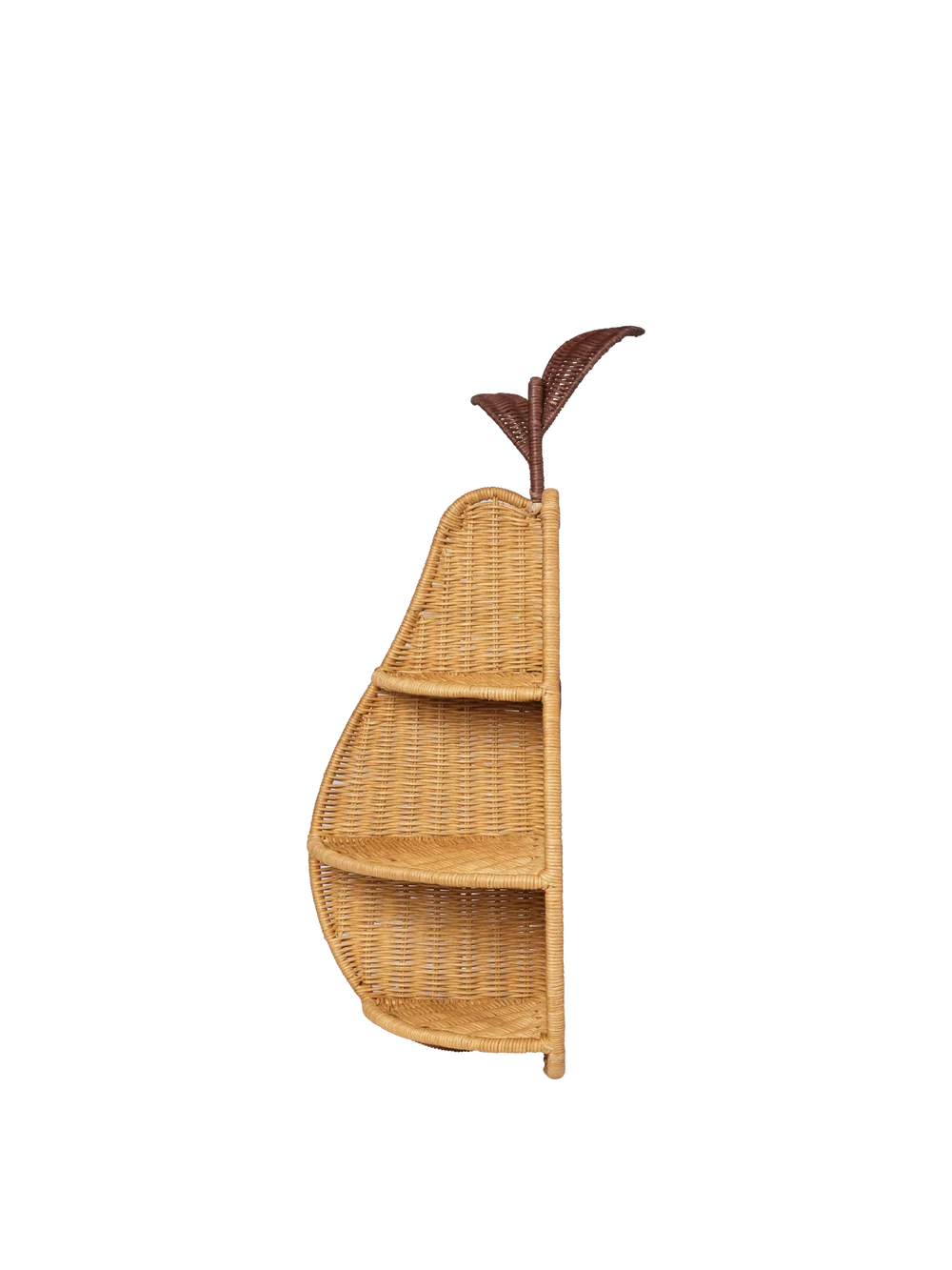 Ferm Living Pear Braided Corner Shelf for kids, featuring a colorful braided design and wooden construction, mounted in a corner.
