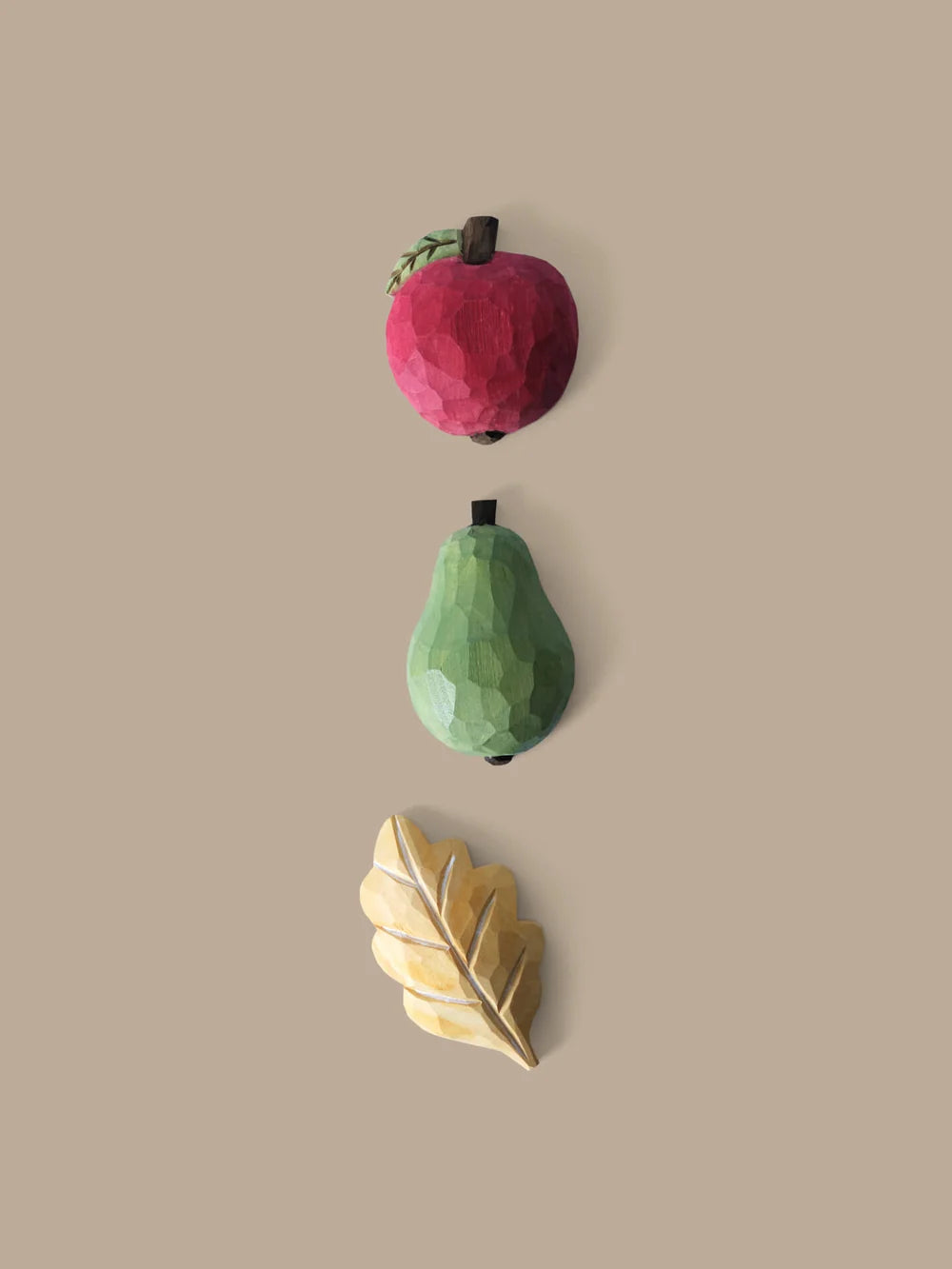 Set of three Forest hand-carved magnets for kids by Ferm Living, featuring natural wood forest designs.