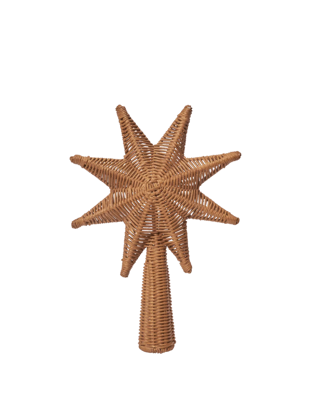Ferm Living rattan Christmas tree top star ornament, natural woven rattan accessory for holiday decor.
