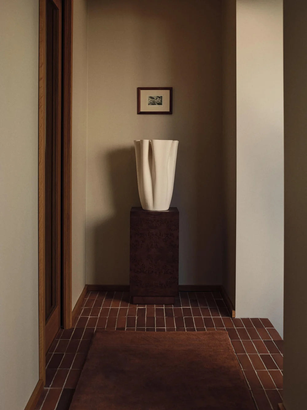 Ferm Living Dedali floor vase with geometric pattern, tall ceramic accessory in neutral tones, designed for stylish home decor.