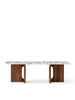 Androgyne Lounge Table by Audo Copenhagen with walnut and Calacatta Viola marble top, modern design, front view.