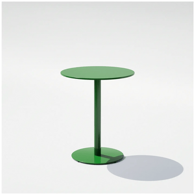 Round Bend Goods pedestal cafe table with sleek metal base and wooden top, ideal for modern dining or cafe settings.