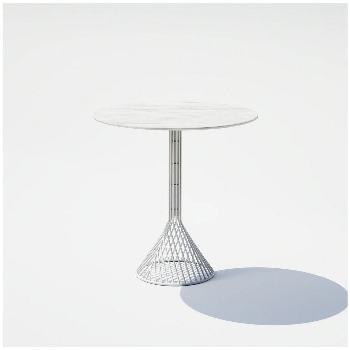 White 30-inch Bend Goods Bistro Table with sleek metal frame and round tabletop, ideal for small dining or outdoor spaces.
