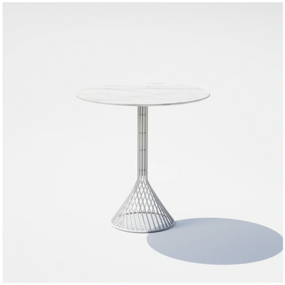 White 30-inch Bend Goods Bistro Table with sleek metal frame and round tabletop, ideal for small dining or outdoor spaces.