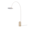 Arum arched floor lamp by Ferm Living featuring a sleek, modern design with a curved metal arm and minimalist base.