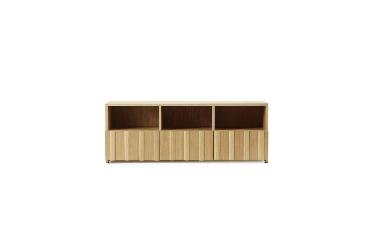Rib Sideboard Low Hybrid by Normann Copenhagen, modern oak storage unit with ribbed design, featuring sleek lines and ample storage.
