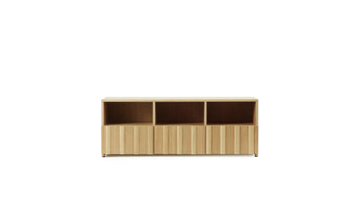 Rib Sideboard Low Hybrid by Normann Copenhagen, modern oak storage unit with ribbed design, featuring sleek lines and ample storage.