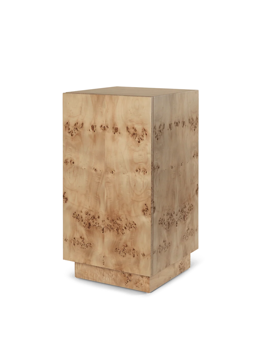Ferm Living Burl Side Table featuring a rounded wooden surface and slim metal legs, modern and minimalist design.