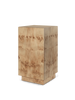 Ferm Living Burl Side Table featuring a rounded wooden surface and slim metal legs, modern and minimalist design.
