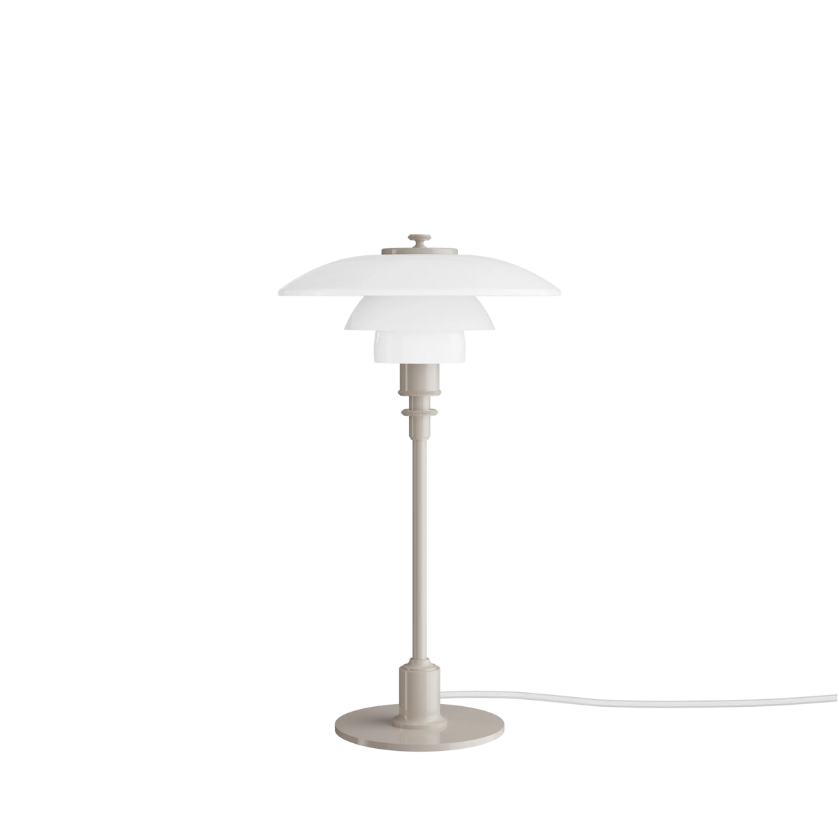 Louis Poulsen PH 2/1 table lamp with adjustable arm and classic design, showcasing its iconic lighting fixture on a wooden surface.