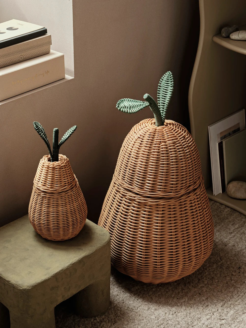 Ferm Living Pear Braided Storage for kids, woven fabric basket with a pear shape and braided design, ideal for children's room organization.