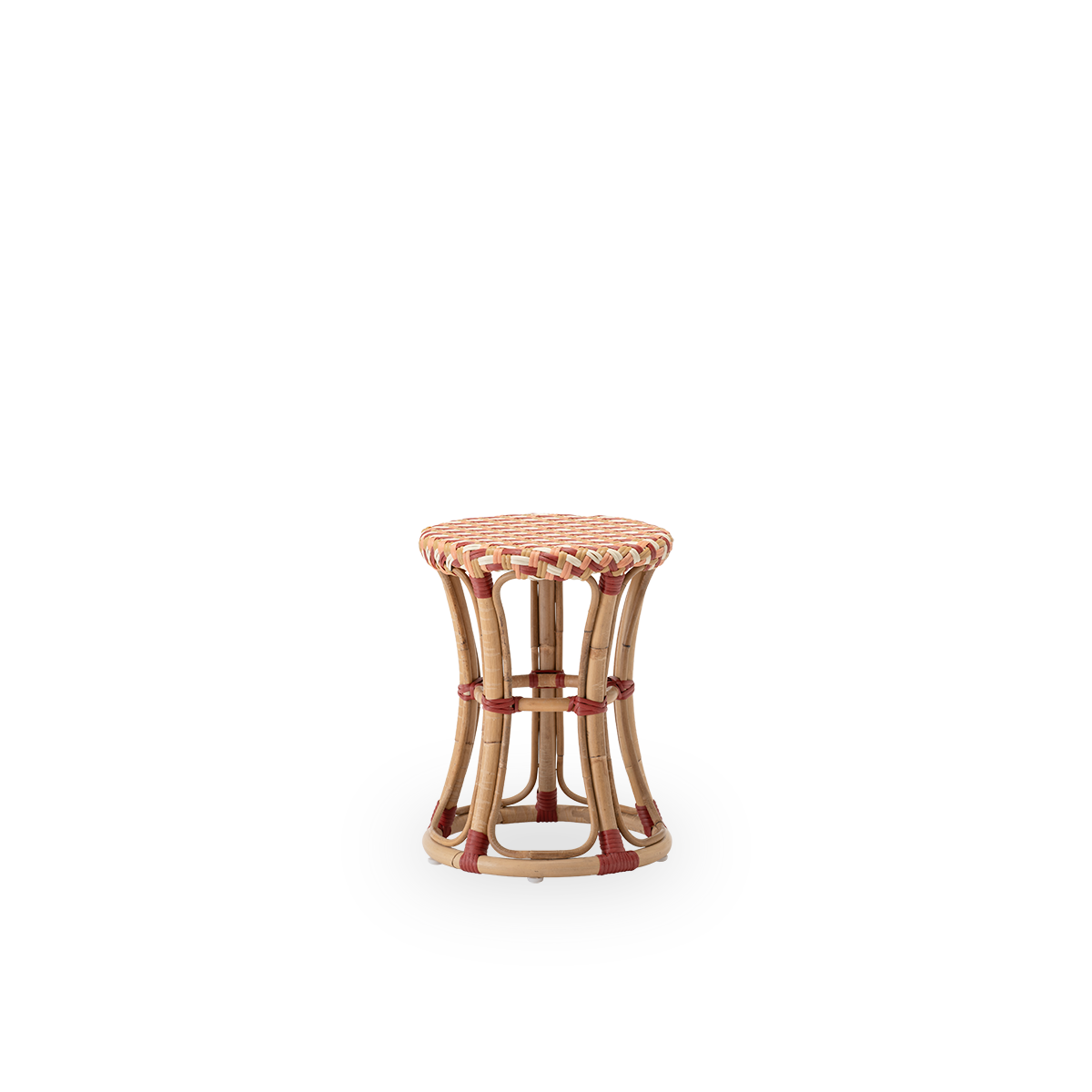 Chloe Stool by Sika featuring a rattan frame with zigzag weave and ivory, honey, coral, and burgundy red skin-on-rattan seating.