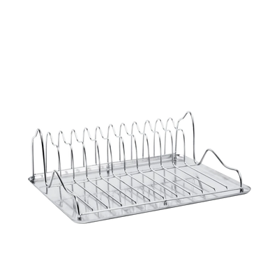 Ferm Living Curvature Dish Rack holding clean dishes and utensils, modern black metal design on a kitchen countertop.