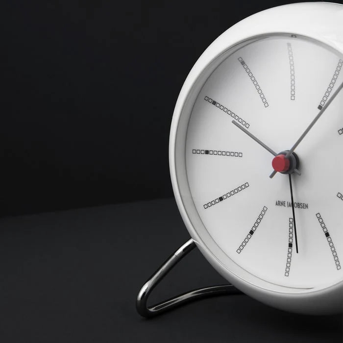 Arne Jacobsen Bankers Table Clock in black with sleek modern design, accessory for desk or tabletop decor.
