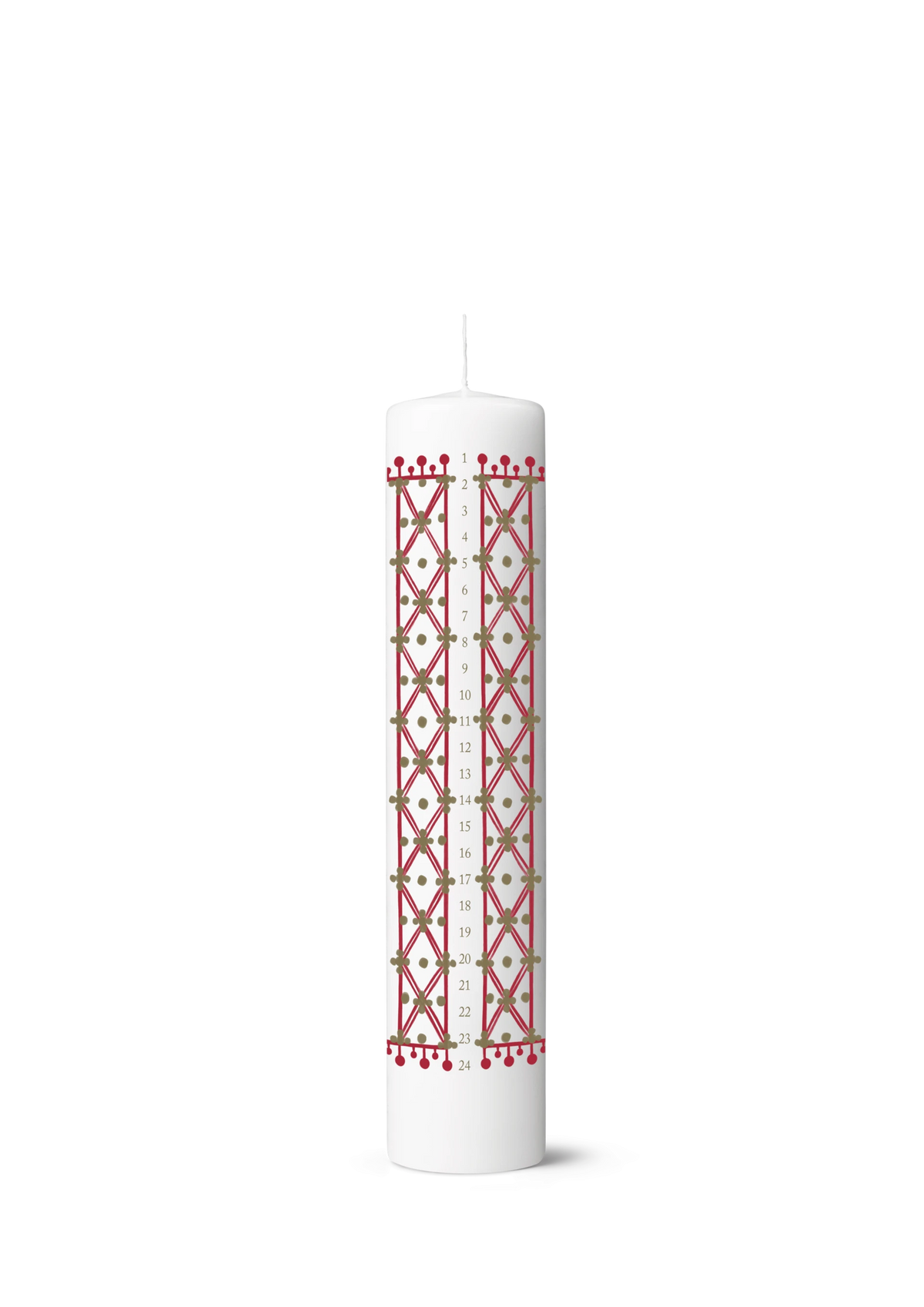 White Advent candle by Bjørn Wiinblad with decorative design, part of the Eva calendar series, styled as a festive accessory.