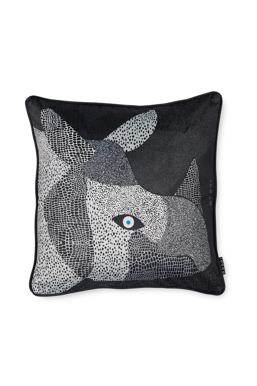 Black Dwarf Rhino decorative pillow by Moooi, featuring a detailed animal design with a realistic rhinoceros image on the front.