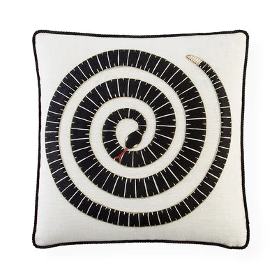 Eden Coil Embroidered Pillow by Jonathan Adler featuring coiled snake design, decorative bedroom accent pillow in a modern style.