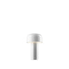 Portable Bellhop table lamp by Flos with white shade and handle, designed for versatile lighting and easy mobility.