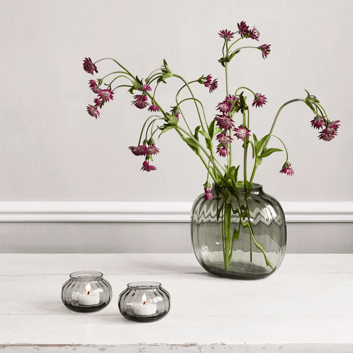 Holmegaard Primula oval smoke glass vase, 6.9 inches tall, elegant accessory for floral arrangements or home decor.