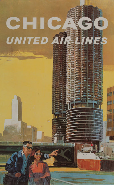 Vintage 1960s Tom Hayne United Airlines Travel Poster of Marina Towers