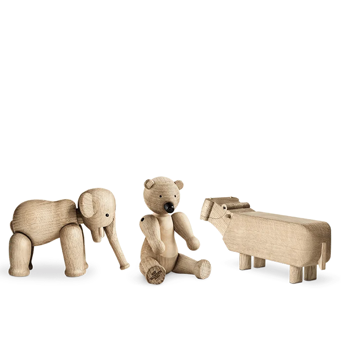 Set of three Liliput oak accessories by Kay Bojesen featuring natural wood finish and minimalist design.