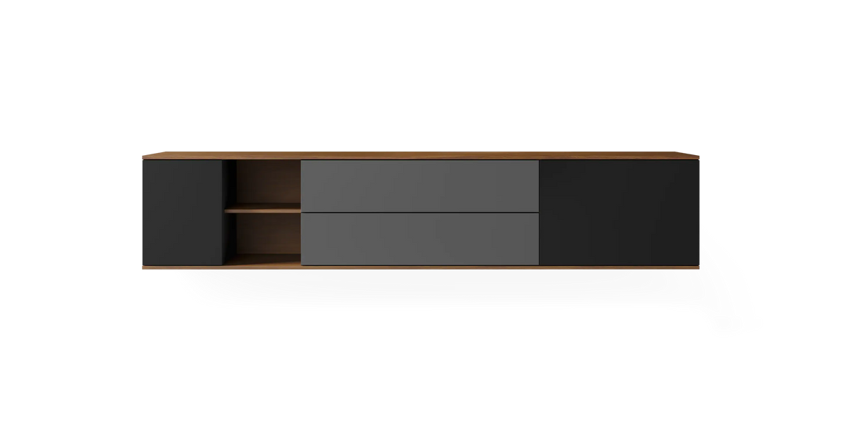 Walnut landscape wall cabinet by Pastoe, 200 cm storage unit with black and charcoal wood finish mounted on wall.
