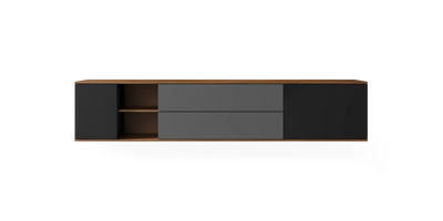 Walnut landscape wall cabinet by Pastoe, 200 cm storage unit with black and charcoal wood finish mounted on wall.