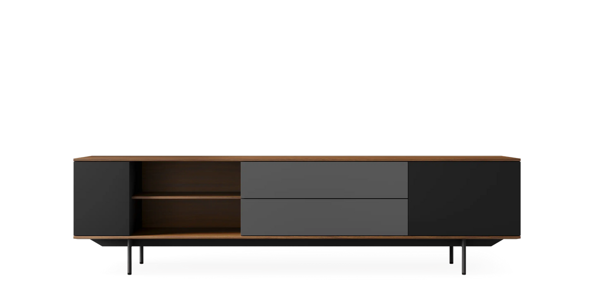 Walnut landscape storage cabinet by Pastoe, 228 cm tall, featuring a sleek black and charcoal finish, free-standing design.