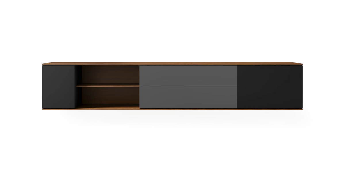Walnut landscape wall-mounted storage cabinet by Pastoe, 228 cm wide, featuring black and charcoal finish for modern home organization.