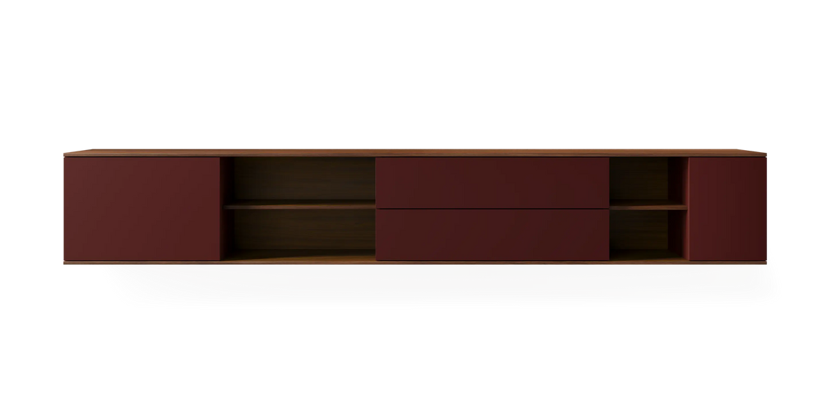 Walnut landscape wall cabinet by Pastoe, 257 cm storage unit with sleek, modern design mounted on a wall.