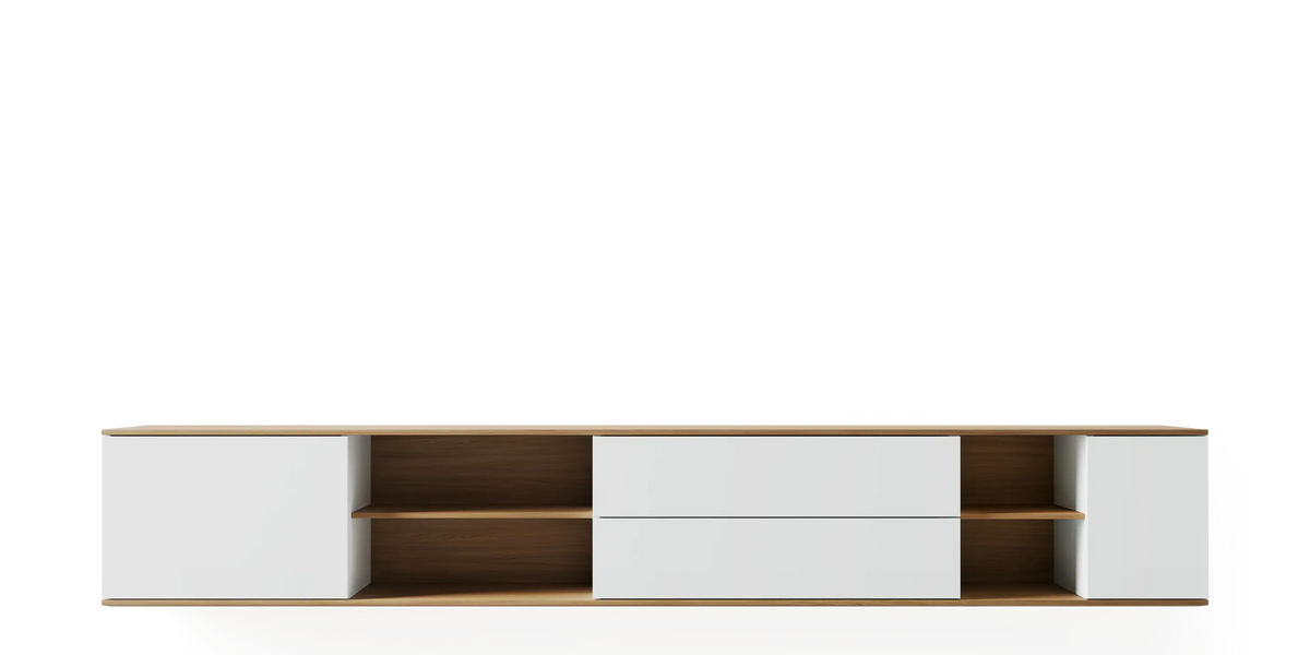 Natural oak landscape wall cabinet by Pastoe, 257 cm wide, mounted storage unit with clean, modern design.