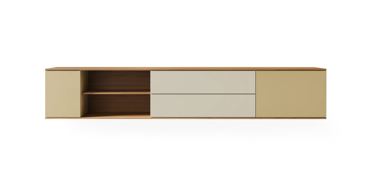 Natural oak landscape wall cabinet by Pastoe, 228 cm, wall-mounted storage with a sepia finish and parchment accents.