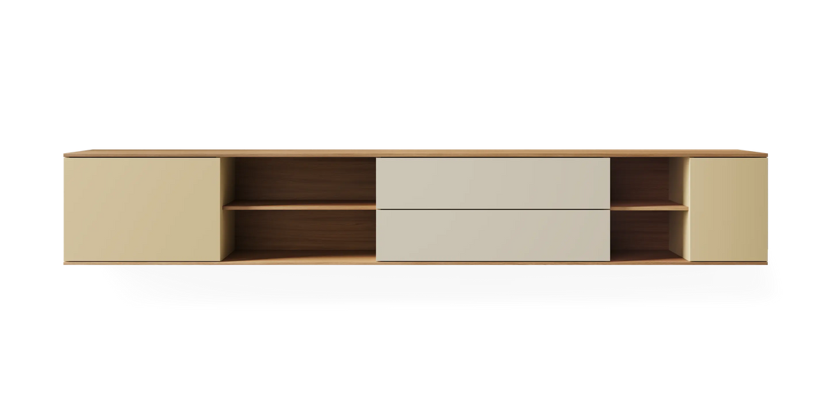 Landscape wall cabinet in natural oak finish by Pastoe, mounted on the wall, showcasing a sleek storage solution.