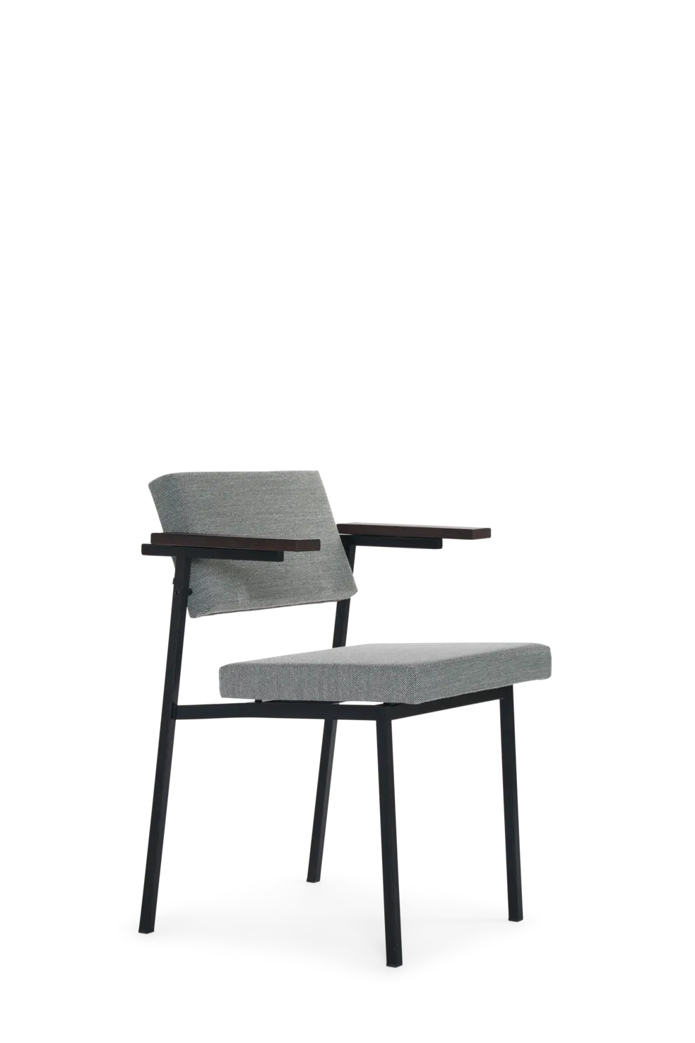 Dark brown oak armrest dining chair from Pastoe SE69 collection, showcasing sleek seating design with wooden details.