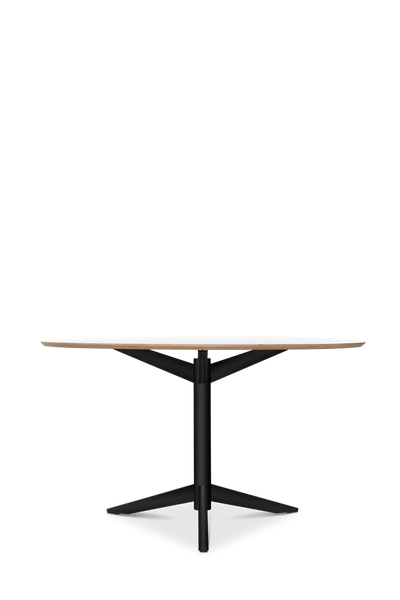 Pastoe TE06 dining table with black legs and a white Fenix finish, showcasing a sleek modern design and clean lines.