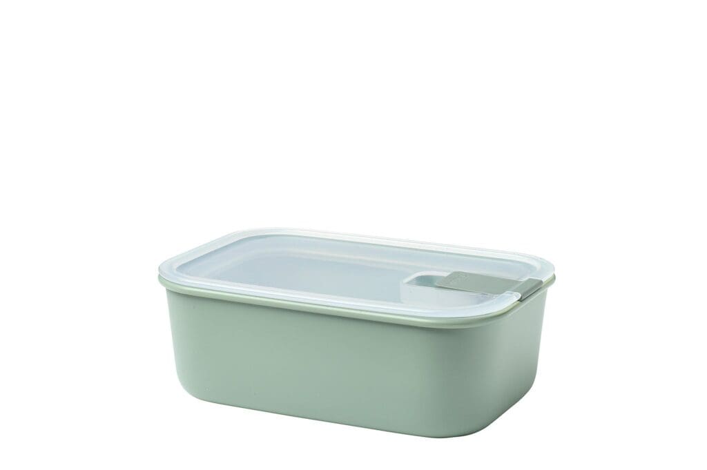 Mepal EASYCLIP Rect Box 1000ml/34oz with secure clip lid, plastic food storage container, side view.
