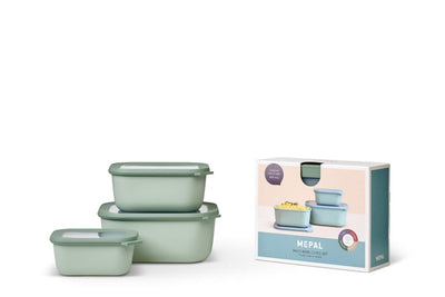 Mepal CIRQULA multi-bowl set with three deep rectangular bowls in various sizes, made of durable plastic, shown stacked.