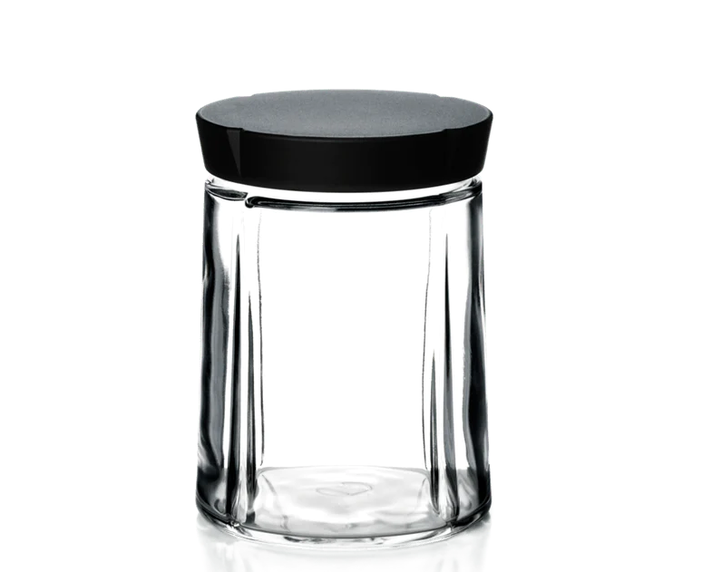Rosendahl Grand Cru storage jar with black lid, showcasing a sleek, clear glass container for kitchen accessories or pantry storage.