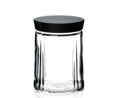 Rosendahl Grand Cru storage jar with black lid, showcasing a sleek, clear glass container for kitchen accessories or pantry storage.